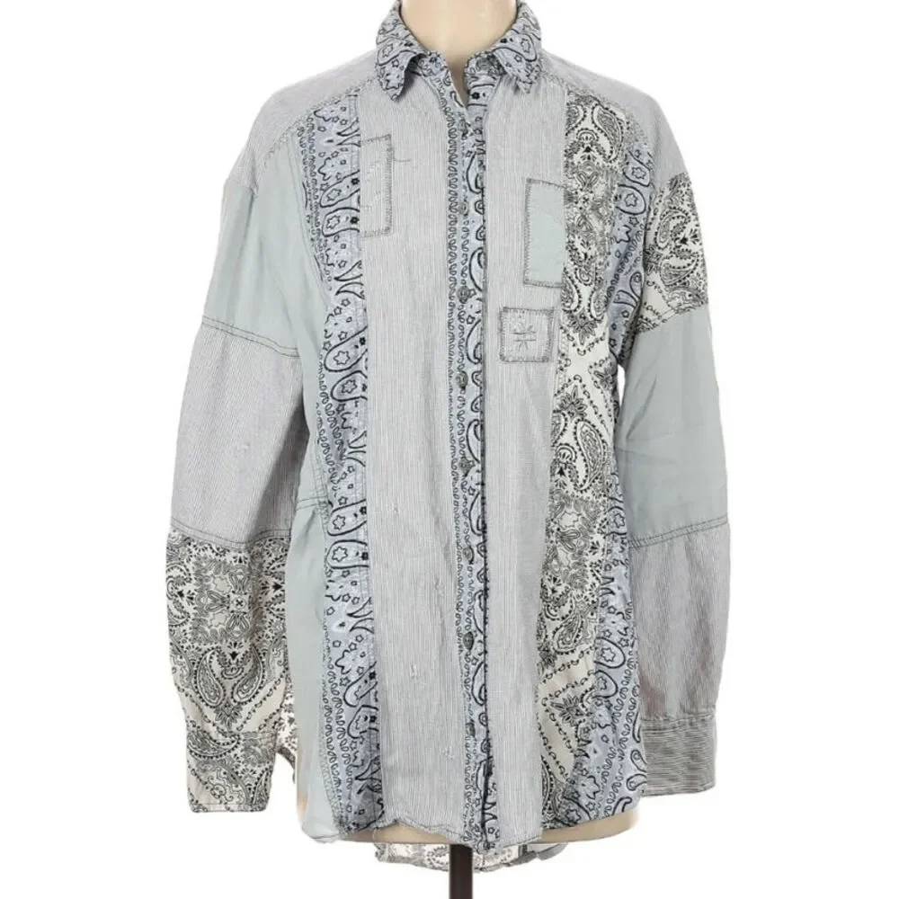 Free People Blue Distressed Patchwork Shirt